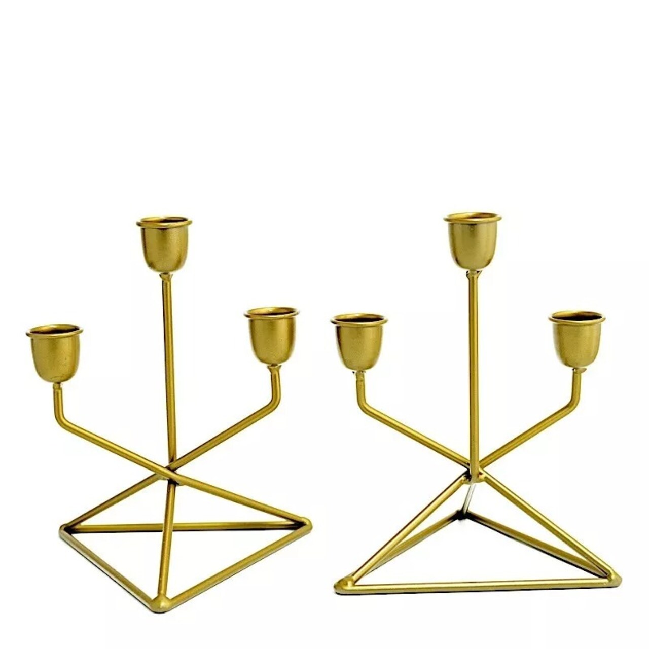2 Gold 3 arm Geometric Metal Taper Candle Holders Triangle Base Party Events